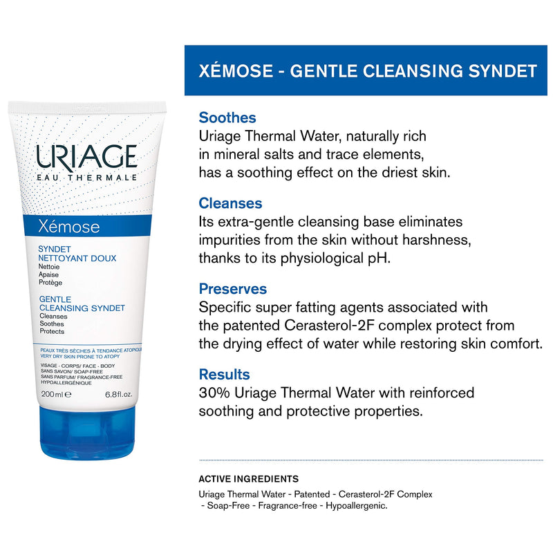 URIAGE Xemose Gentle Cleansing Syndet 6.8 fl.oz. | Extra Gentle Face & Body Wash that Cleanses, Soothes and Protects the Skin | Soap-free and Fragrance-Free Cleanser for Very Dry Skin Uriage