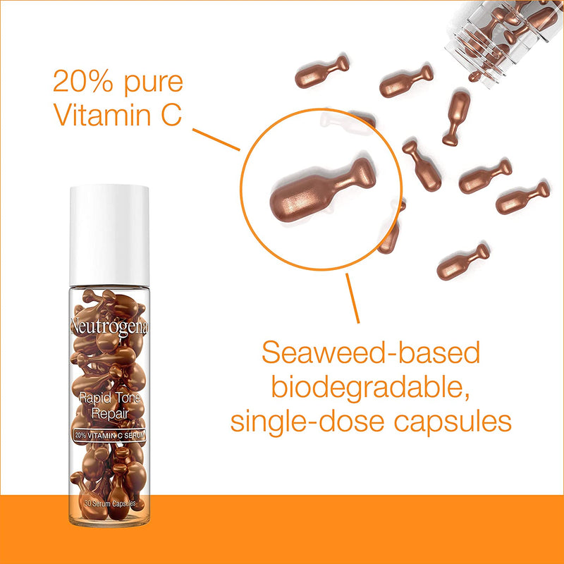 Neutrogena Rapid Tone Repair 20% Vitamin C Brightening Serum Capsules, Antioxidant Face Serum to Brighten Look of Dark Spots & Even Skin Tone, Oil-Free, 30 Serum Capsules Neutrogena