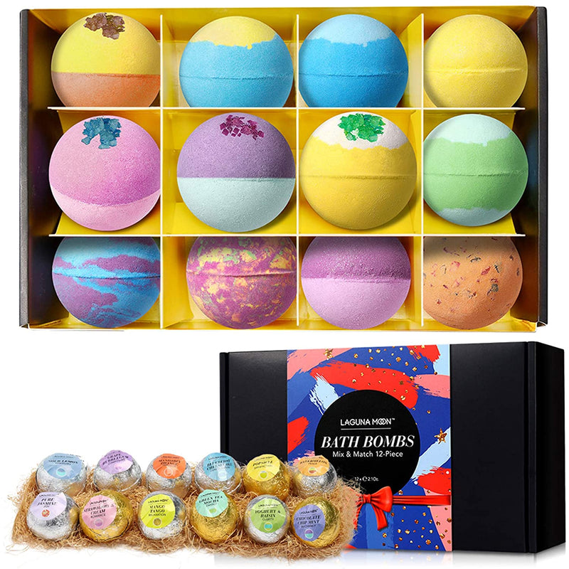 Lagunamoon Bath Bombs,12 Pcs Handmade Double-Layer Color Bath Bombs Gift Set, Rich Bubble, Natural & Organic Bath Bombs with Vegan Pure Essential Oils, Perfect Gifts for Kids, Women, Mom Lagunamoon