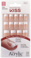 KISS Salon Acrylic French Nail Manicure Set, Medium Length, Square, “ Sugar Rush”, Nail Kit Includes Pink Gel Nail Glue (Net Wt. 2 g / 0.07oz.), Mini File, Manicure Stick, and 28 Fake Nails KISS