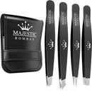 Tweezers Set 4-piece-Stainless Steel Slant Tip + Sharp Pointed Eyebrow Tweezer Set-Precision Facial Hair Removal ,Eyebrow Hair,Splinter,Blackhead,Ingrown Hair/Tick Remover-Ends Meet Perfect Majestic Bombay