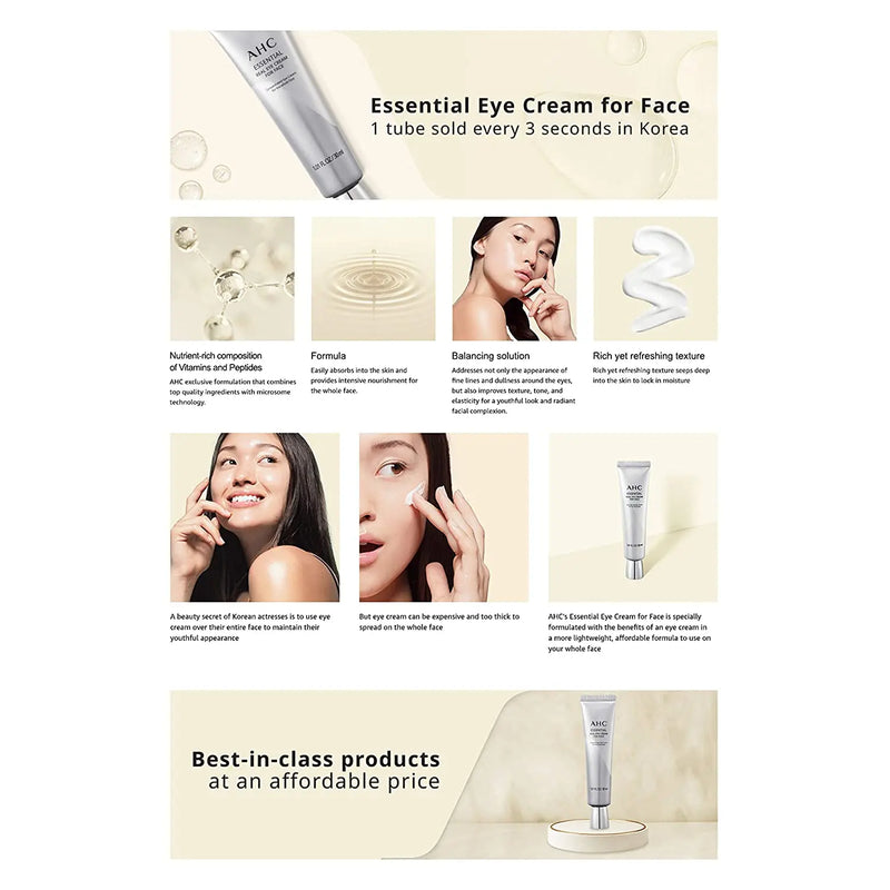 Aesthetic Hydration Cosmetics AHC Face Moisturizer Essential Eye Cream for Face Anti-Aging Hydrating Korean Skincare 1.01 oz AHC Store