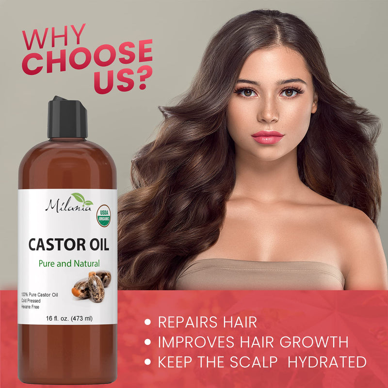 Premium Organic Castor Oil - 100% Pure and Hexane-Free Cold-Pressed Beauty & Skincare Serum - Eyelash & Eyebrow Hair Growth Enhancer - Natural Conditioner, Skin Moisturizer, Laxative for Men & Women MILANIA
