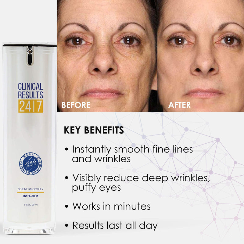Instant Firming Facial 3D Line Smoother | Instantly Lifts and Firms | Smooths Smile Lines, Puffy Eyes, and Crow’s Feet | Works In Minutes | NASA Stem Cell Technology | Clinical Results 24|7 1 FL OZ. Clinical Results 24|7