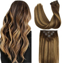 GOO GOO Clip in Hair Extensions Balayage Chocolate Brown to Caramel Blonde Remy Human Hair Extensions 7pcs 120g 20 Inch Long Hair Extensions Clip in Human Hair Straight Hair GOO GOO