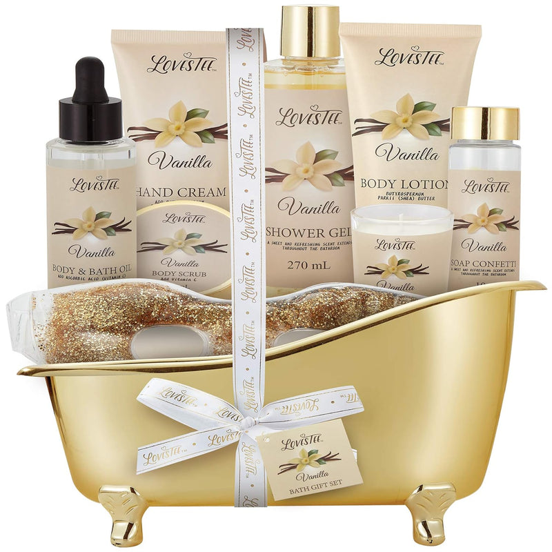 Valentines Day Spa Gift Basket for Women, Vanilla Bath & Body Set, Christmas & Birthday Gift, Includes Shower Gel, Body Lotion, Hand Cream, Body Scrub, Message Oil, Candle, Eye Mask, Confetti