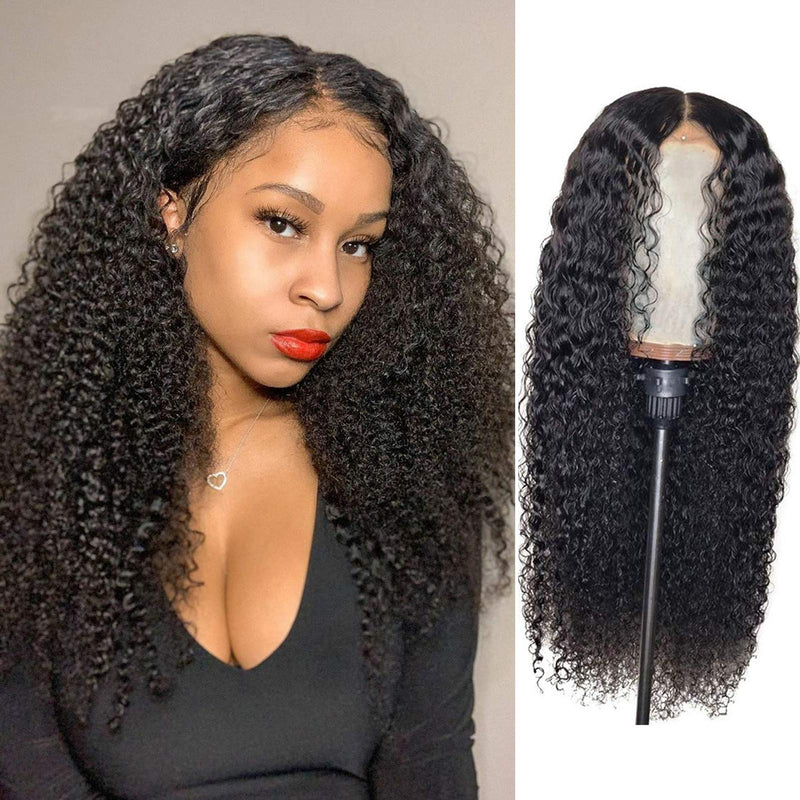 BLY Kinky Curly Lace Front Wigs for Black Women Human Hair Pre Plucked Knots Bleached 4x4 Lace Closure Wig Deep Curly Hair 150% Density 1B Black Color 26 Inch BLY