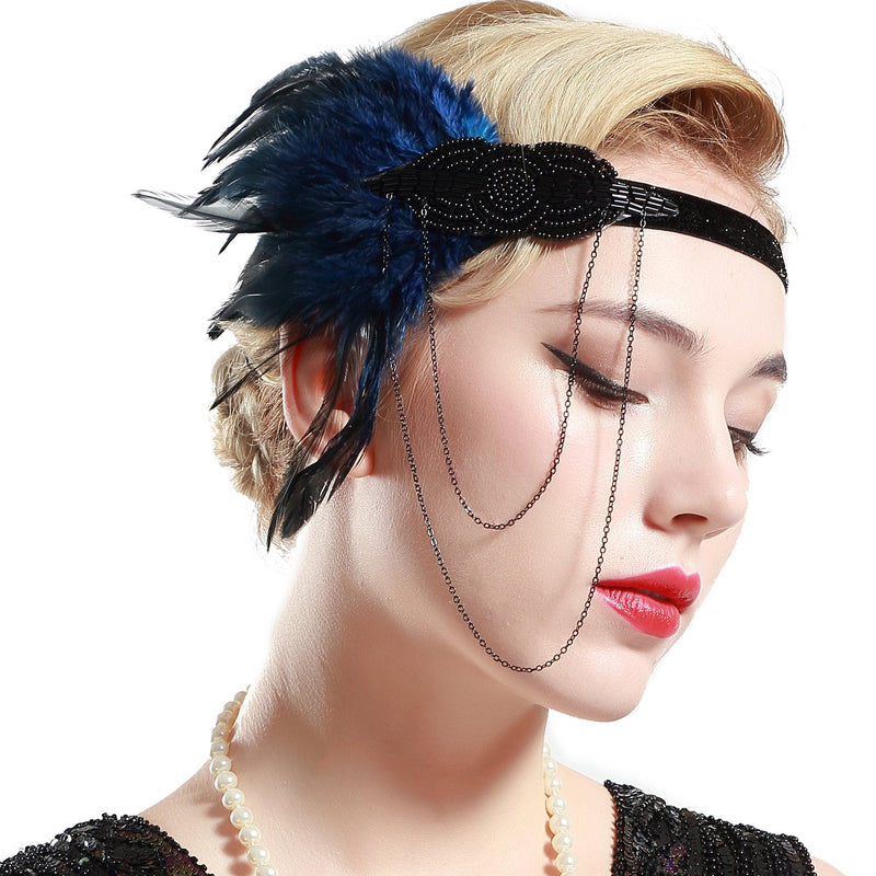 BABEYOND 1920s Flapper Headband Roaring 20s Great Gatsby Headpiece Beaded Feather Headband 1920s Flapper Gatsby Hair Accessories Blue BABEYOND