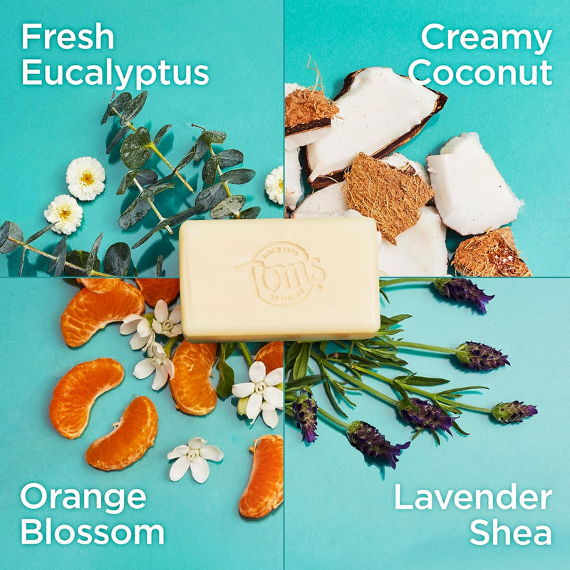 Tom's of Maine Bar Soap Variety Pack, Natural Bar Soap for Women and Men, Lavender & Shea, Fresh Eucalyptus, Creamy Coconut, Orange Blossom, 5 oz Bars (4-Pack) Infinity Warehouse
