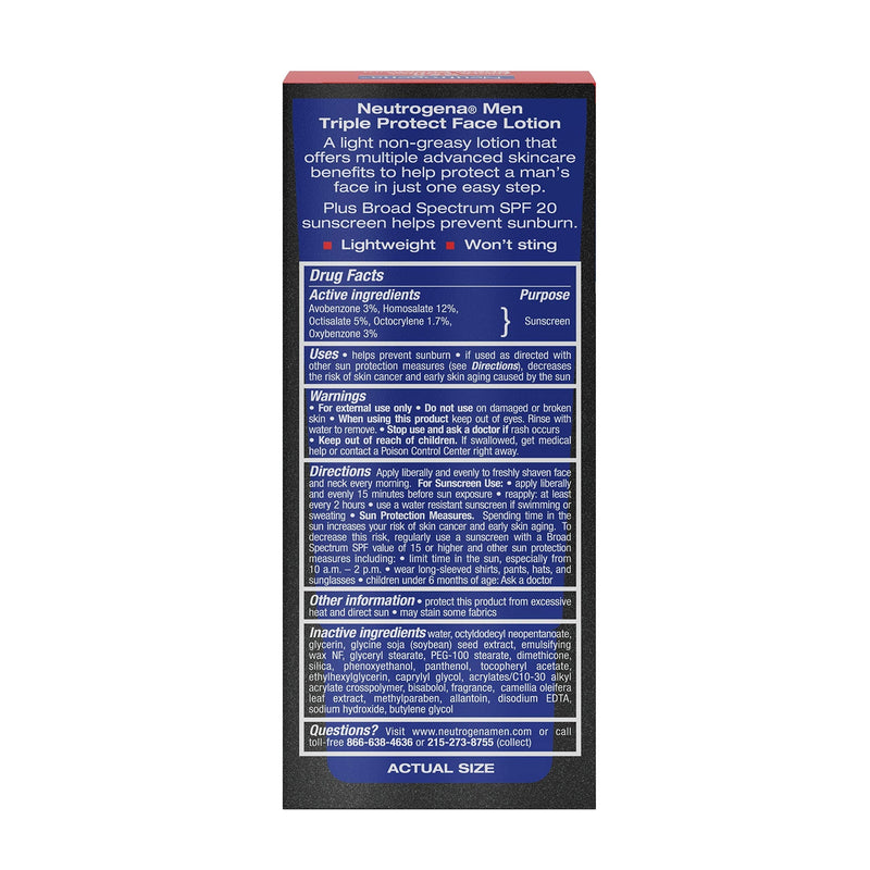 Neutrogena Triple Protect Men's Daily Face Lotion with Broad Spectrum SPF 20 Sunscreen, Men's Anti-Aging Facial Moisturizer to Soothe Razor Irritation & Relieve Dry Skin, 3 x 1.7 fl. oz Neutrogena