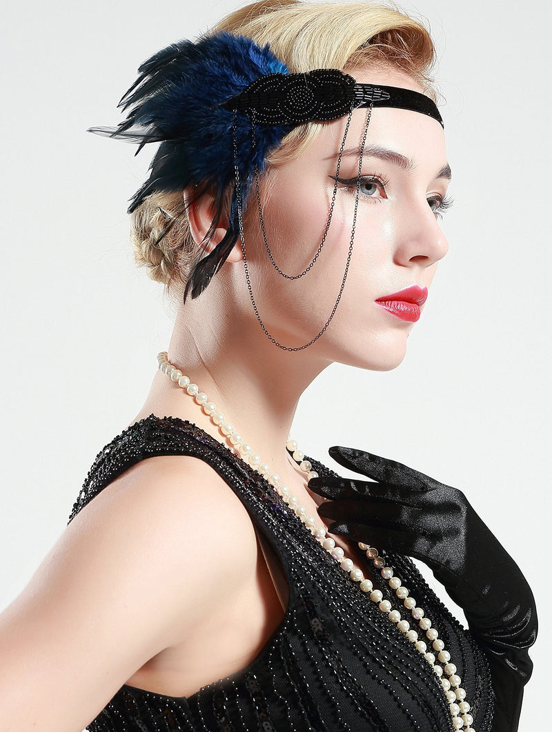 BABEYOND 1920s Flapper Headband Roaring 20s Great Gatsby Headpiece Beaded Feather Headband 1920s Flapper Gatsby Hair Accessories Blue BABEYOND