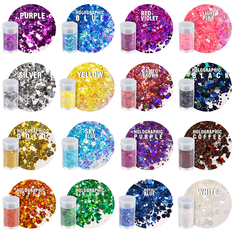 Festival Chunky and Fine Glitter Mix, Teenitor 32 Colors Chunky Sequins & Fine Glitter Powder Mix, Iridescent Glitter Flakes, Cosmetic Face Body Eye Hair Nail Art Resin Tumbler Glitter Loose Glitter Teenitor