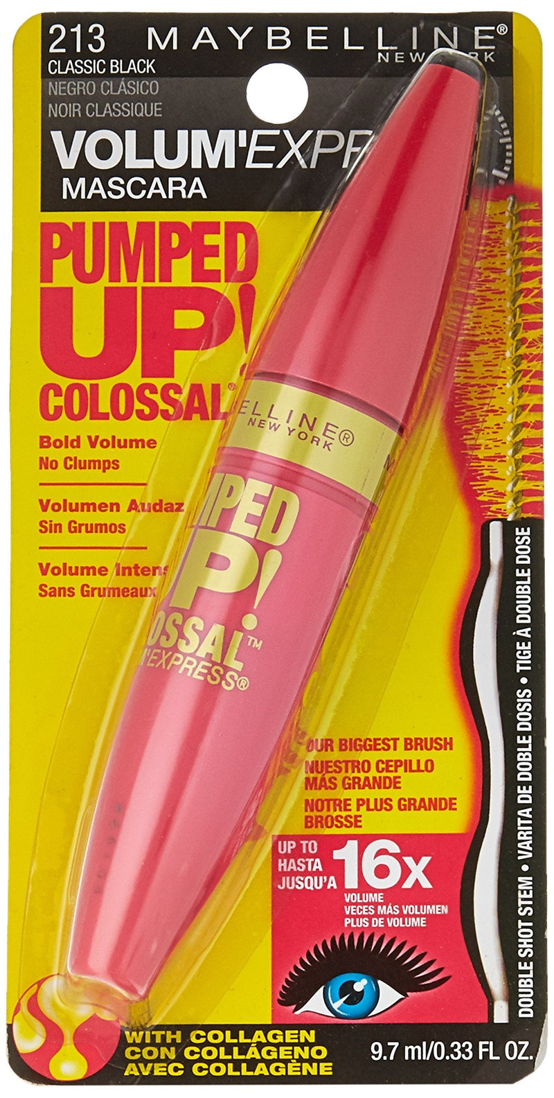 Maybelline Volum' Express Pumped Up Colossal Mascara, Washable Formula Infused with Collagen for Up To 16x Lash Volume, Classic Black, 1 Count Maybelline New York