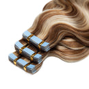 Body Wave Tape in Hair Extensions 40pcs 80g 100% Human Wavy Hair 14 inch Highlighted Light Brown & Bleach Blonde Long Soft Remy Hair Silky Seamless Invisible Double Side Tape