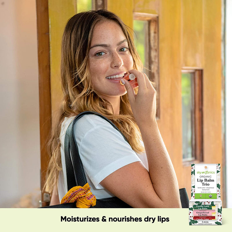 USDA Organic Lip Balm Trio by Sky Organics (3 Sticks) Winter Flavors Gift Pack Cruelty-Free Candy Cane, Gingerbread, Vanilla Latté Lip Balm Gift Set for Dry Lips Limited Edition Made In USA Sky Organics