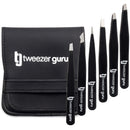 Tweezers Set 6-Piece - Tweezer Guru Stainless Steel Slant Tip and Pointed Eyebrow Tweezer Set - Great Precision for Facial Hair, Ingrown Hair, Splinter and Blackhead Remover (Black) (6-Pack) TWEEZER GURU