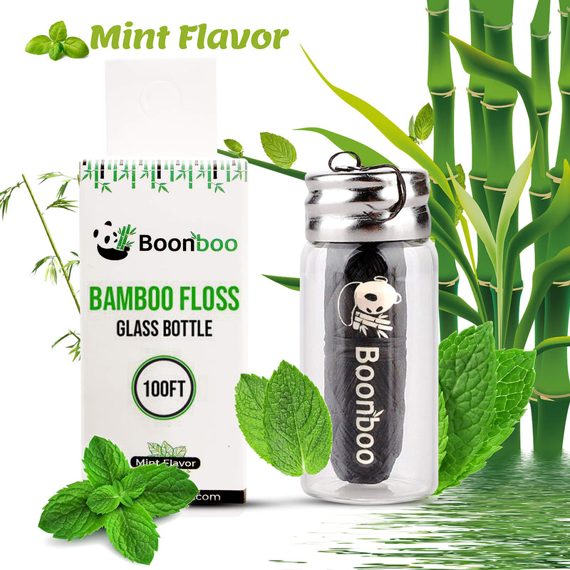 Boonboo Dental Floss | 100FT Bamboo Fiber & Mint Flavor | Glass Bottle & Cutting Lid | Biodegradable & Sustainable | Plastic- Free Synergy Products
