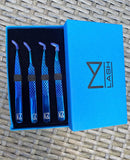 M LASH Set Of 4 Diamond Grip Eyelash Extensions Tweezers - Japanese Steel Lash Supply (Blue) M
