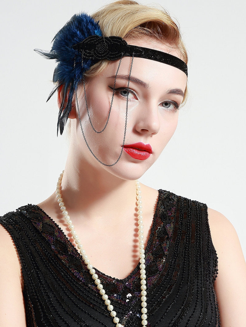BABEYOND 1920s Flapper Headband Roaring 20s Great Gatsby Headpiece Beaded Feather Headband 1920s Flapper Gatsby Hair Accessories Blue BABEYOND