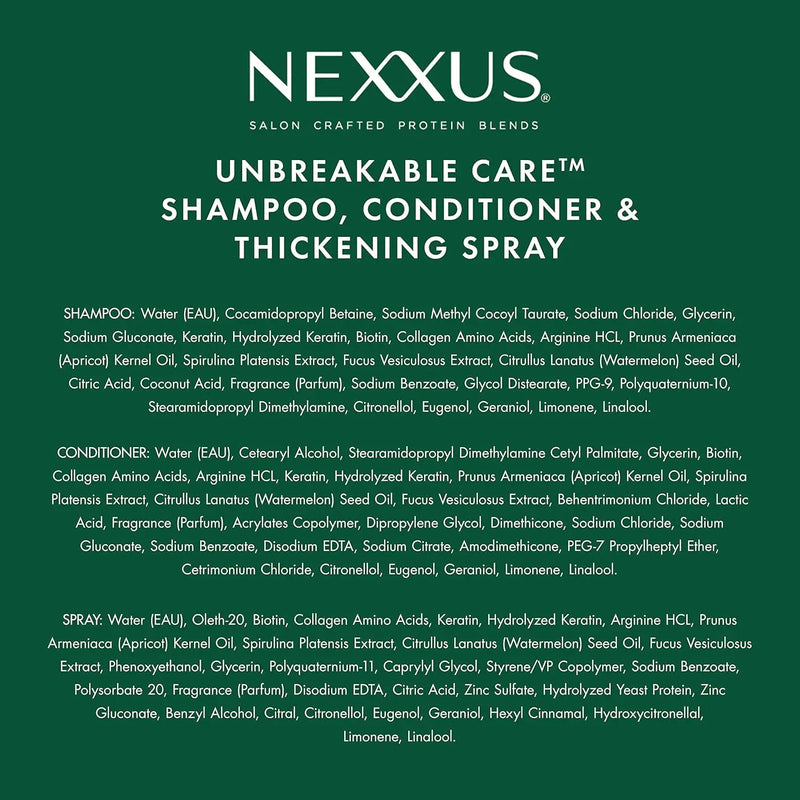 Nexxus Unbreakable Care Shampoo Conditioner and Leave-In Spray 3 Pack For Fine and Thin Hair with Keratin Collagen Biotin 13.5 oz 6 oz Infinity Warehouse