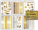 Terra Tattoos Gold Metallic Temporary Tats 75+ Geometric Henna Designs Moon, Stars, Arrows, Feathers Waterproof Nontoxic Long Lasting Perfect for Beach, Festivals, & more! Terra Tattoos