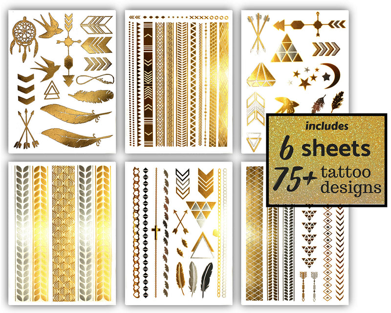 Terra Tattoos Gold Metallic Temporary Tats 75+ Geometric Henna Designs Moon, Stars, Arrows, Feathers Waterproof Nontoxic Long Lasting Perfect for Beach, Festivals, & more! Terra Tattoos