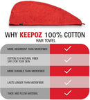 KEEPOZ Hair Towel Wrap Quick Dry 100% Cotton Super Absorbent Turban Head Wrap for Women with Button, Anti Frizz Hair Products, Hair Cap for Curly, Long & Thick Hair (1pc) (RED) KEEPOZ
