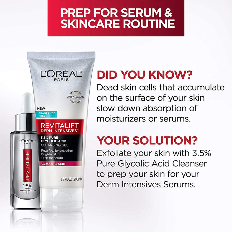L'Oreal Paris Skincare Revitalift Derm Intensives Gel Cleanser with 3.5% Pure Glycolic Acid, Salicylic Acid to resurface and prep skin for serum, 6.7 fl oz L'Oreal Paris