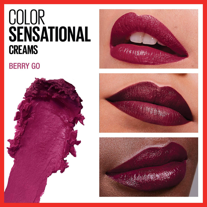 Maybelline Color Sensational Lipstick, Lip Makeup, Cream Finish, Hydrating Lipstick, Nude, Pink, Red, Plum Lip Color, Berry Go, 0.15 oz; (Packaging May Vary) Maybelline New York