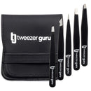 Tweezers Set 5-piece - Tweezer Guru Stainless Steel Slant Tip and Pointed Eyebrow Tweezer Set - Great Precision for Facial Hair, Ingrown Hair, Splinter and Blackhead Remover (Black) (5-Pack) TWEEZER GURU