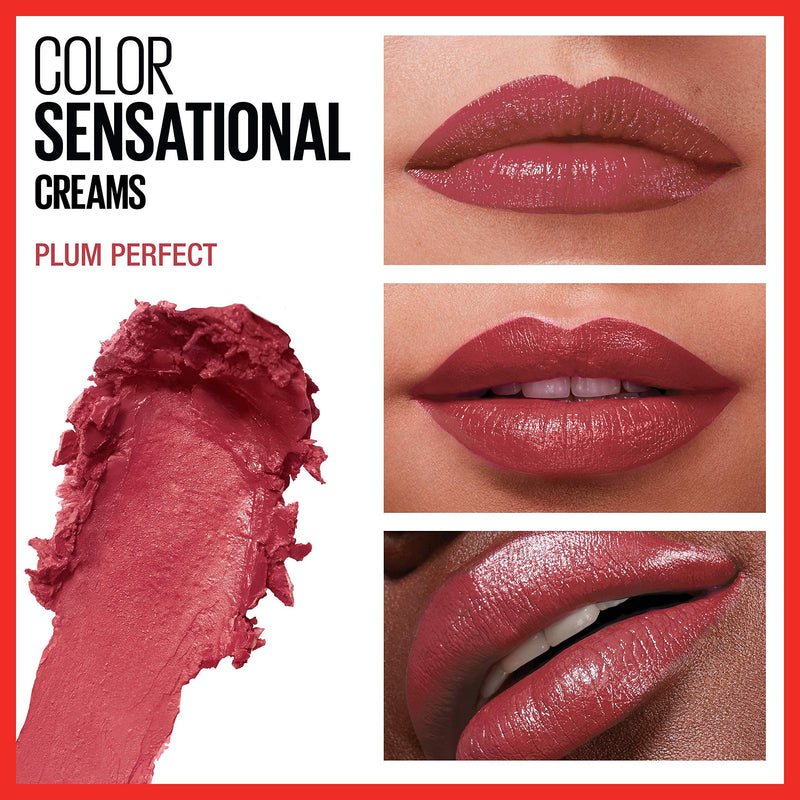 Maybelline Color Sensational Lipstick, Lip Makeup, Cream Finish, Hydrating Lipstick, Nude, Pink, Red, Plum Lip Color, Plum Perfect, 0.15 oz; (Packaging May Vary) Maybelline New York
