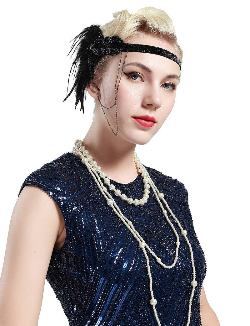 BABEYOND 1920s Flapper Headband Roaring 20s Great Gatsby Headpiece Beaded Black Feather Headband 1920s Flapper Gatsby Hair Accessories BABEYOND