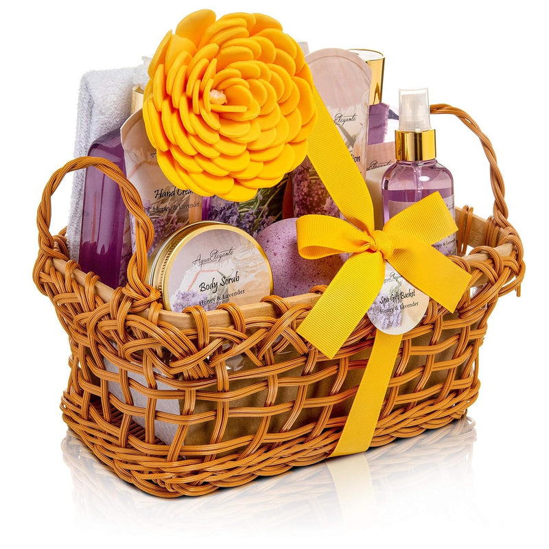Spa Baskets For Women - Luxury Bath Set With Honey & Lavender - Spa Kit Includes Wash, Bubble Bath, Lotion, Bath Salts, Body Scrub, Body Spray, Shower Puff, Bathbombs, Soap and Towel