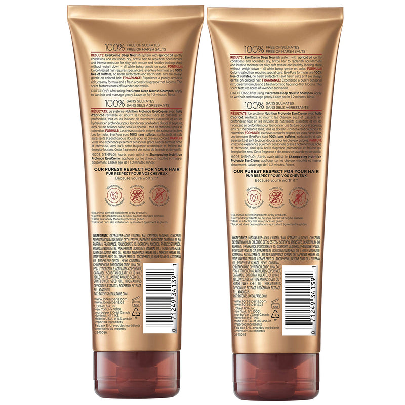 L'Oreal Paris EverCreme Sulfate Free Conditioner for Dry Hair, Triple Action Hydration for Dry, Brittle or Color Treated Hair, with Apricot Oil, 8.5 Fl; Oz (Pack of 2) (Packaging May Vary) L'Oreal Paris