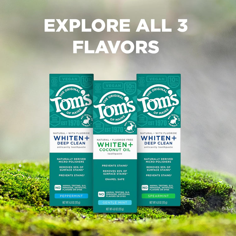 Tom's of Maine Whiten Plus Deep Clean Whitening Toothpaste, Natural Whitening Toothpaste with Plant-Based Cleansers, Enamel Safe, Whitens Without Causing Sensitivity, Peppermint, 4.0 oz (Pack of 3) Infinity Warehouse