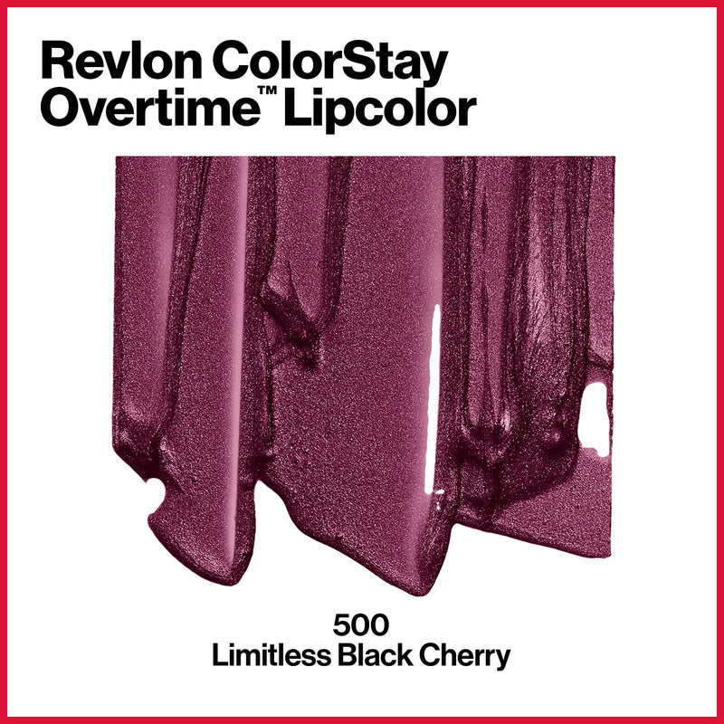 Revlon Colorstay overtime lipcolor, Longwearing Liquid Lipstick with clear lip Gloss, with Vitamin E, In Plum, 500 Limitess Black Cherry, 0.8 Oz REVLON