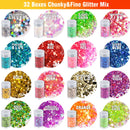Festival Chunky and Fine Glitter Mix, Teenitor 32 Colors Chunky Sequins & Fine Glitter Powder Mix, Iridescent Glitter Flakes, Cosmetic Face Body Eye Hair Nail Art Resin Tumbler Glitter Loose Glitter Teenitor