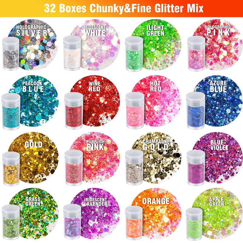 Festival Chunky and Fine Glitter Mix, Teenitor 32 Colors Chunky Sequins & Fine Glitter Powder Mix, Iridescent Glitter Flakes, Cosmetic Face Body Eye Hair Nail Art Resin Tumbler Glitter Loose Glitter Teenitor