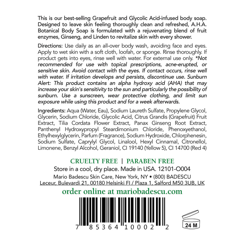 Mario Badescu A.H.A Botanical Body Soap for All Skin Types | Body Wash with Grapefruit & Ginseng Extracts | Rejuvenates & Visibly Brightens Skin | 16 Fl Oz Mario Badescu