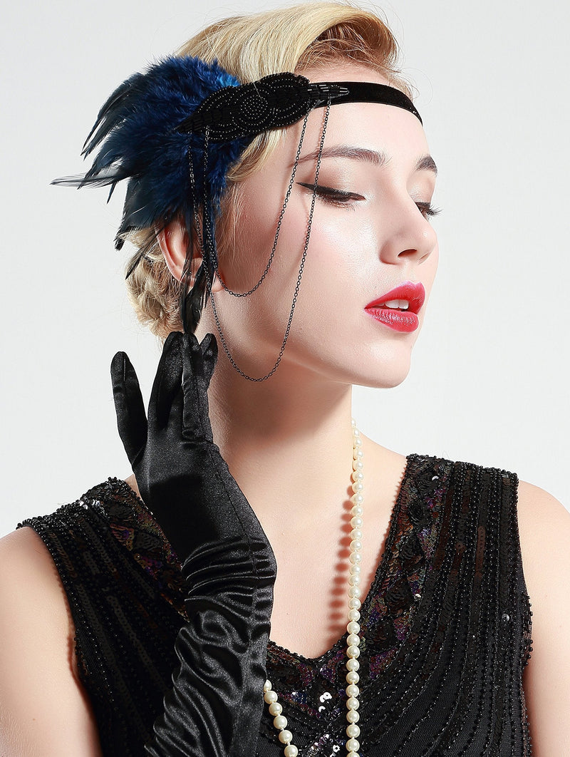 BABEYOND 1920s Flapper Headband Roaring 20s Great Gatsby Headpiece Beaded Feather Headband 1920s Flapper Gatsby Hair Accessories Blue BABEYOND
