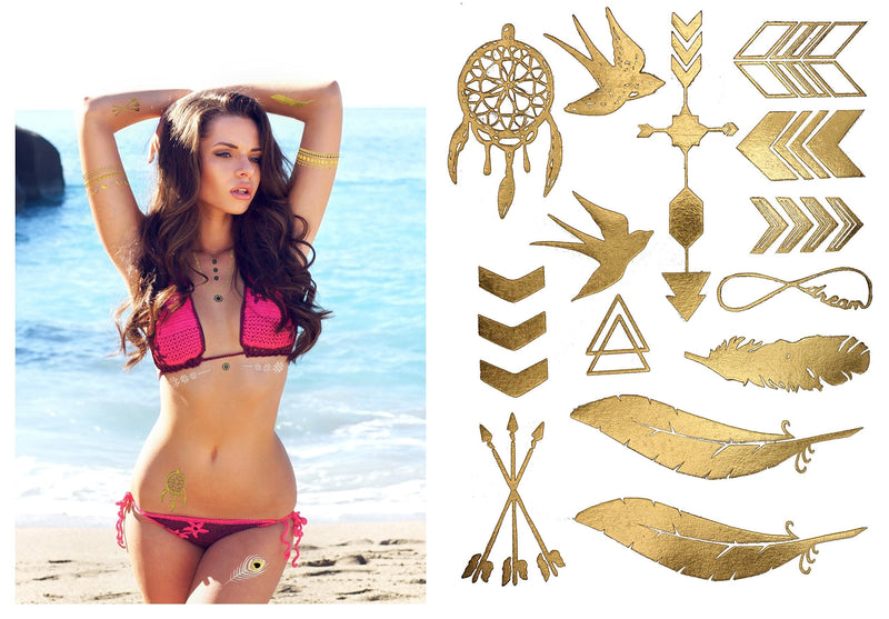 Terra Tattoos Gold Metallic Temporary Tats 75+ Geometric Henna Designs Moon, Stars, Arrows, Feathers Waterproof Nontoxic Long Lasting Perfect for Beach, Festivals, & more! Terra Tattoos