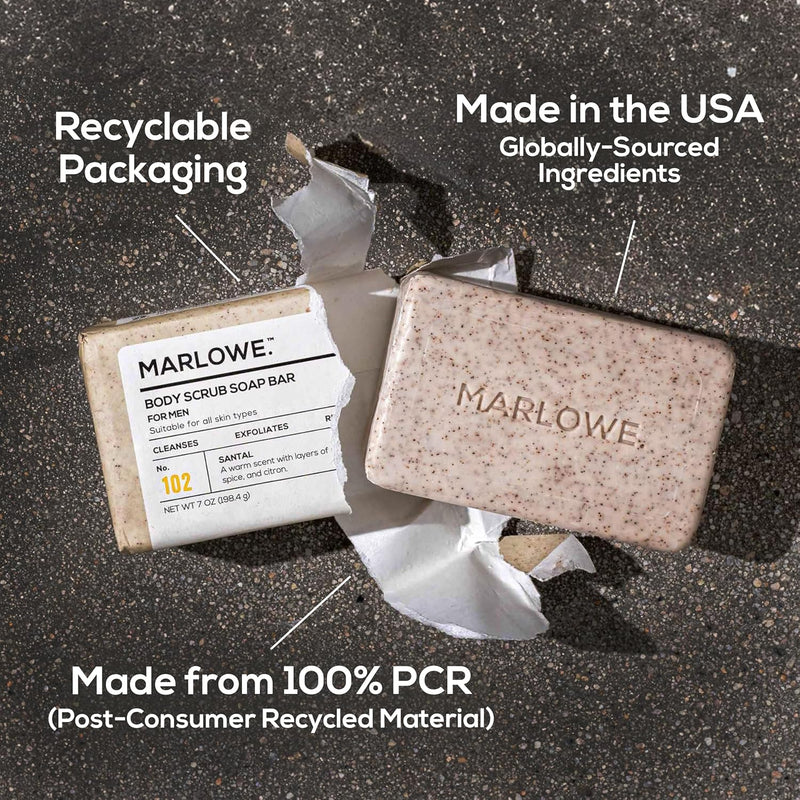 MARLOWE. No. 102 Body Scrub Soap 7 oz, Santal, Exfoliating Soap Bar with Shea Butter, Olive Oil & Green Tea Extracts, Cleanses, Smooths & Revitalizes Skin, Warm Amber, Spice & Citron Scent Infinity Warehouse