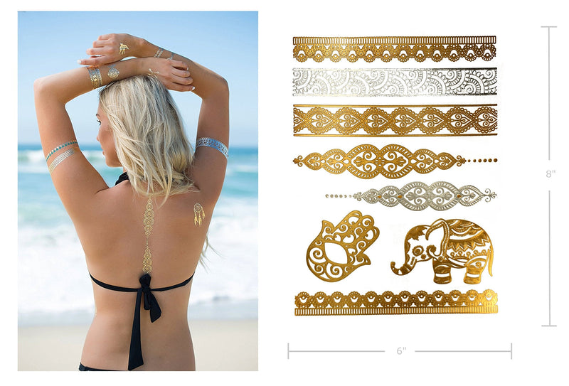 Terra Tattoos Metallic Gold Henna Temporary Tattoos 75+ Mandala Tattoos Flowers, Mandalas, Elephants Waterproof Nontoxic Long Lasting for Beach, Festivals, & Parties Terra Tattoos