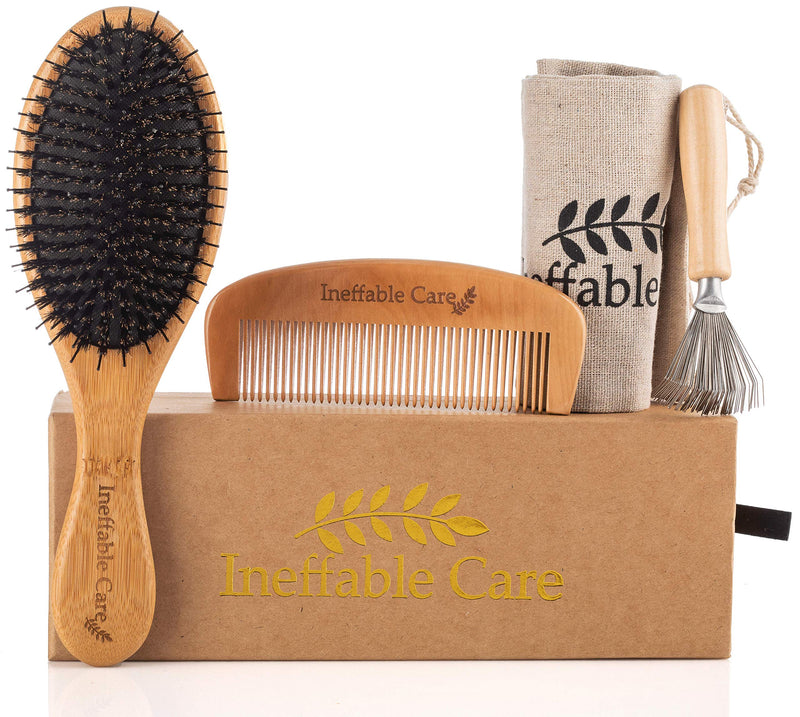 Boar Bristle Hair Brush Set for Women & Men - Wooden Comb & Detangling Hair Brushes for Women Long, Thick, Thin, Fine, Curly & Tangled - Natural Detangler Hairbrush & Comb Stocking Stuffers Gift set Ineffable Care