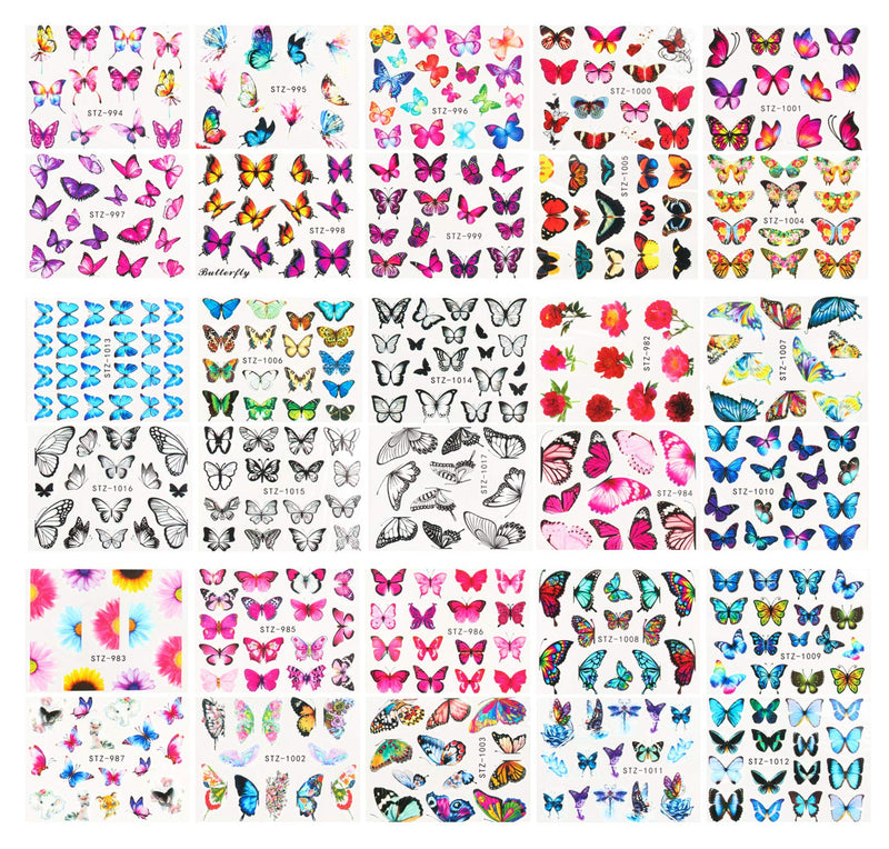 Le Fu Li 30 Sheets Butterfly Nail Art Stickers Nail Art Water Transfer Sticker with Butterfly Flower Patterns Manicure Tips，Nail Tips DIY Toenails Nail Art Decorations Accessories Decals Le Fu Li