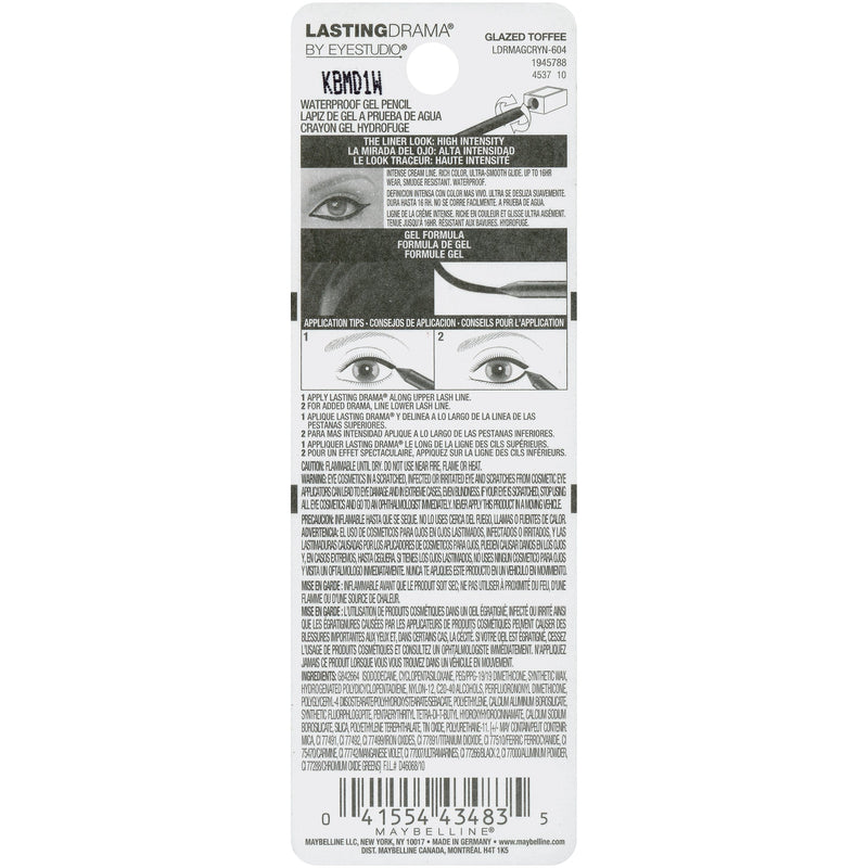 Maybelline New York Eyestudio Lasting Drama Waterproof Gel Eye Pencil, Glazed Toffee, 0.38 Ounce Maybelline New York