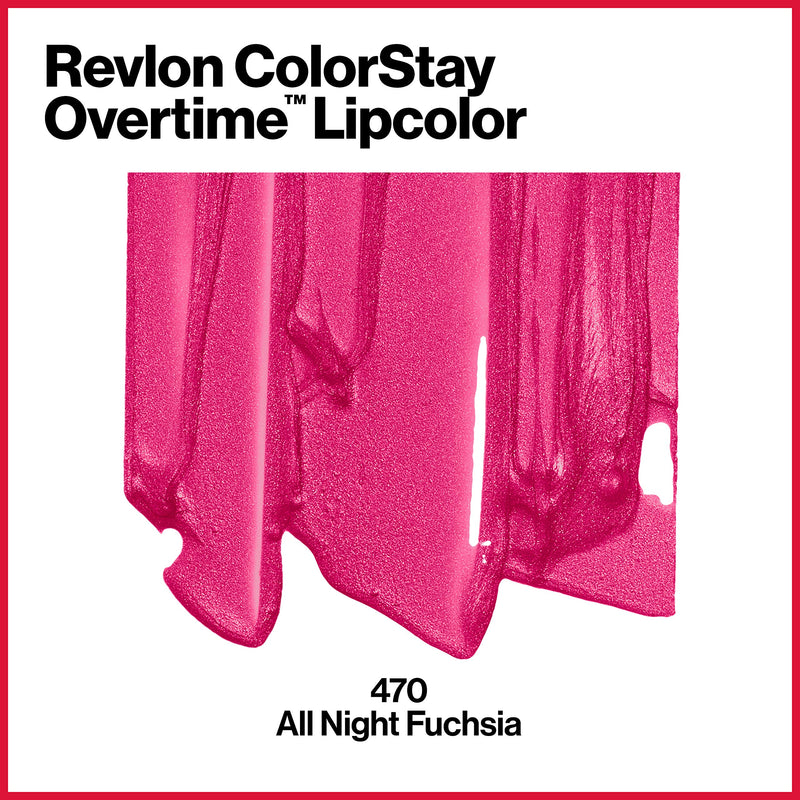 Revlon ColorStay Overtime Lipcolor, Dual Ended Longwearing Liquid Lipstick with Clear Lip Gloss, with Vitamin E in Pink, All Night Fuchsia (470), 0.07 oz REVLON