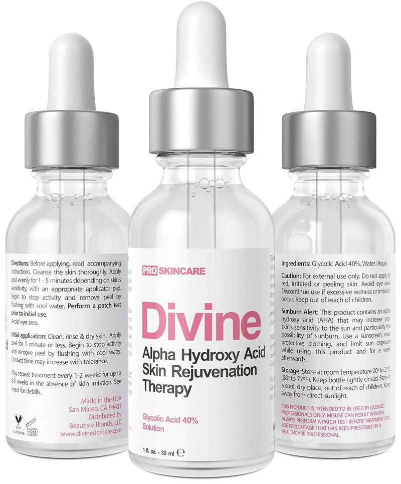 Glycolic Acid 40% (Professional Chemical Peel) Pro Strength Alpha Hydroxy Acid Skin Peel - Intense Anti-Aging Treatment For Wrinkles, Fine Lines, Brown Spots, and Acne Scarring - Beauty Coquette
