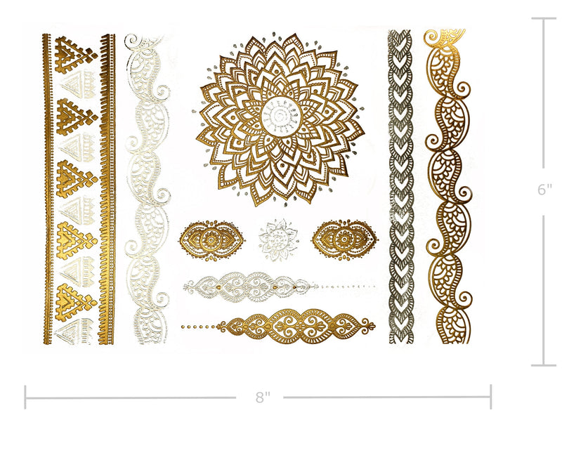Terra Tattoos Metallic Gold Henna Temporary Tattoos 75+ Mandala Tattoos Flowers, Mandalas, Elephants Waterproof Nontoxic Long Lasting for Beach, Festivals, & Parties Terra Tattoos