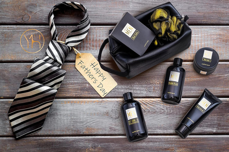 Bath and Body Spa Gift Baskets Set for Men - Sandalwood Amber - 7Pc Full Size Spa Kit in Toiletry Bag - Fathers Day Gifts For Husband, Dad From Wife, Daughter Son, Birthday Gifts For Him Infinity Warehouse